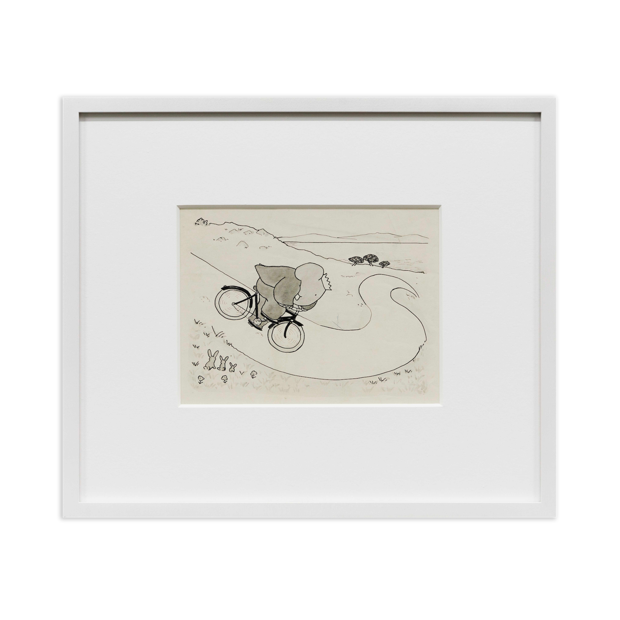 Jean De Brunhoff Study for "After having pedalled several miles, he finds a pleasant spot and decides to rest." from Babar and his Children , 1938 Black line, ink and graphite Image Dimensions: 6 x 8 inches (15.2 x 20.3 cm) Paper Dimensions: 9 x 10 5/8 inches (22.9 x 27 cm) Framed Dimensions: 14 1/4 x 16 5/8 inches (36.2 x 42.2 cm)