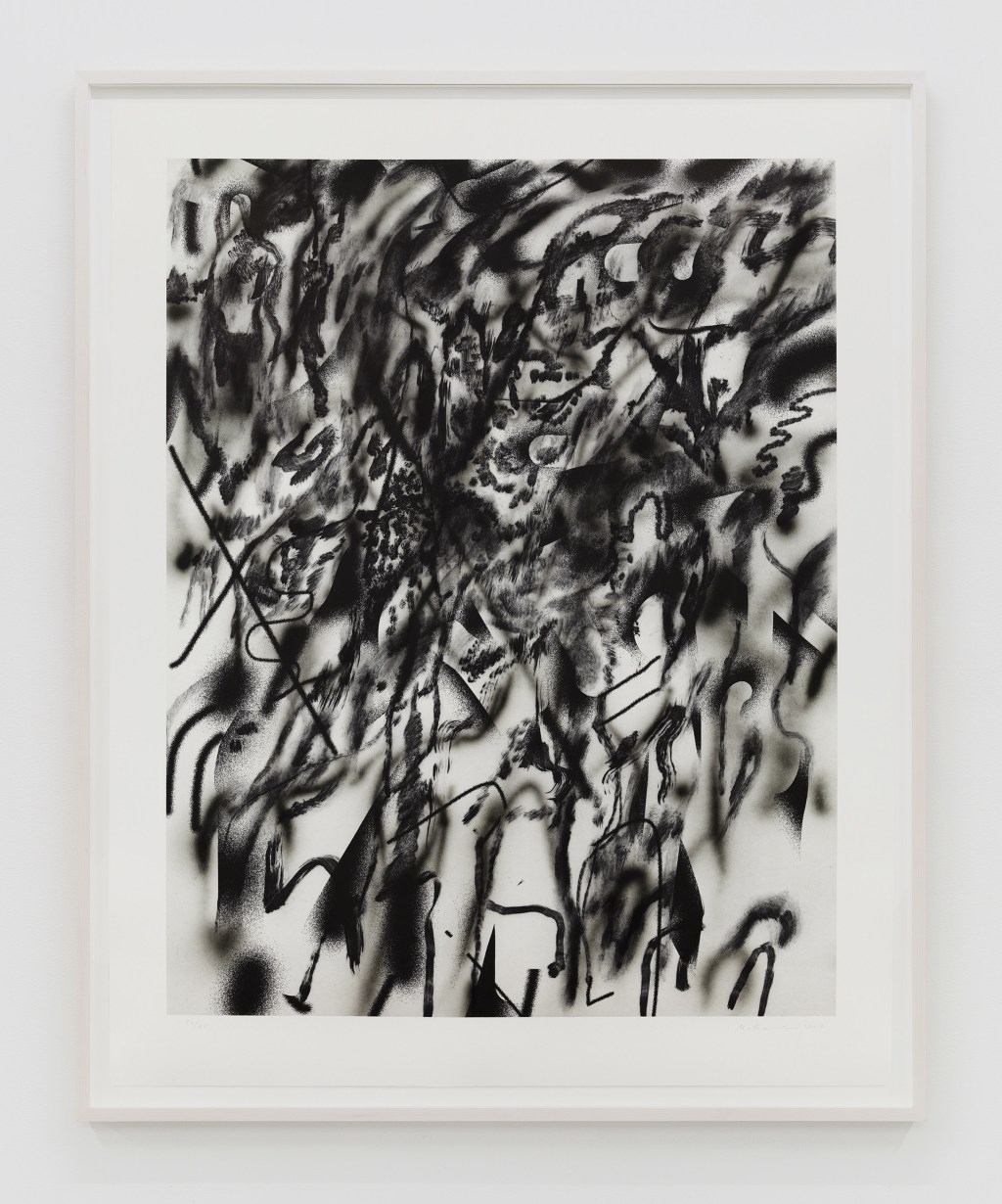 Julie Mehretu Corner of Lake and Minnehaha (smoke), 2022 Screenprint Image Dimensions: 47 x 37 inches (119.4 x 94 cm) Paper Dimensions: 54 3/4 x 43 1/2 inches (139.1 x 110.5 cm) Framed Dimensions: 57 3/4 x 46 1/2 inches (146.7 x 118.1 cm) Edition of 45