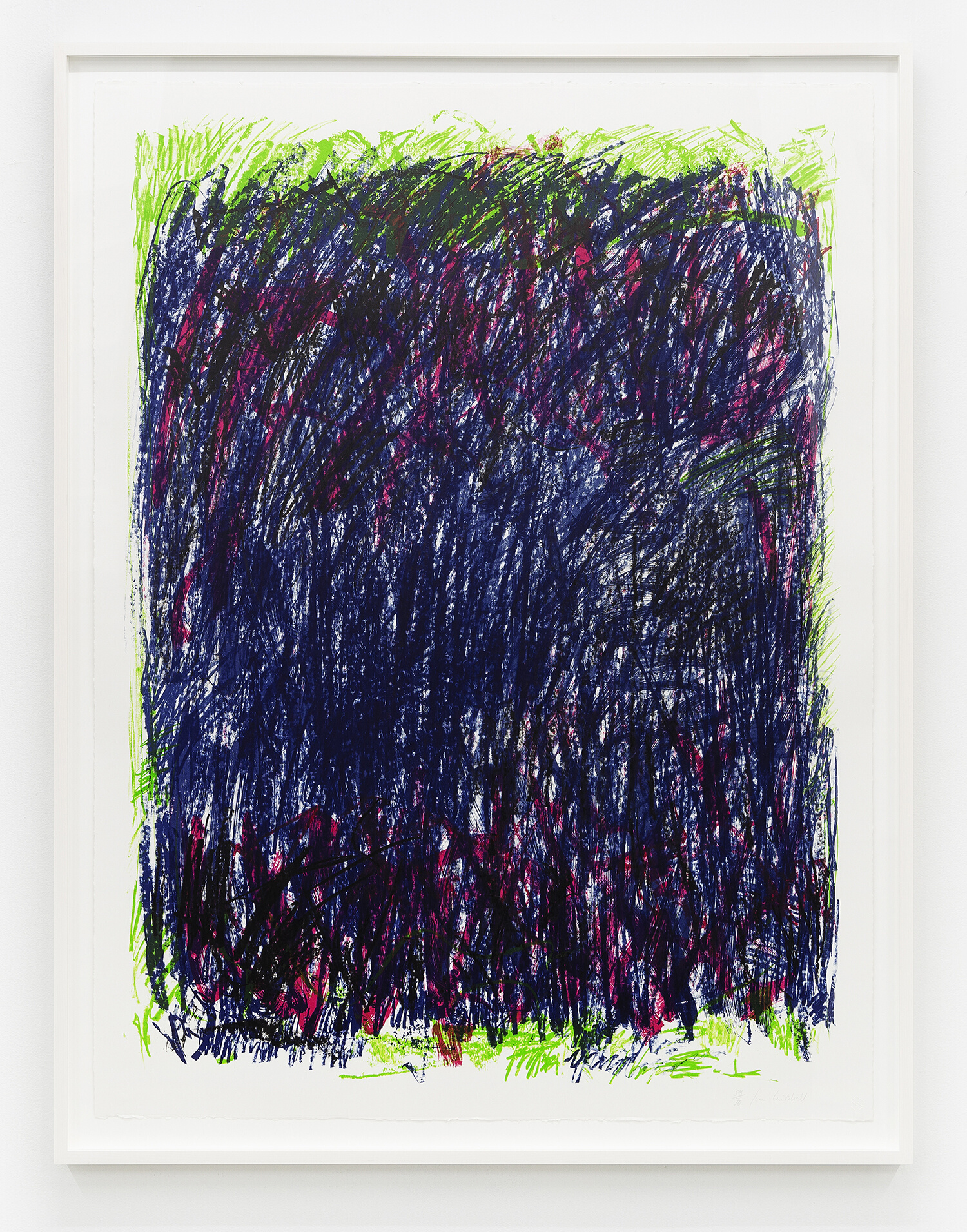 Joan Mitchell Bedford II, 1981 Lithograph Paper Dimensions: 42 1/2 x 32 1/2 inches (108 x 82.6 cm) Framed Dimensions: 46 1/4 x 36 1/4 inches (117.5 x 92.1 cm) Edition of 70