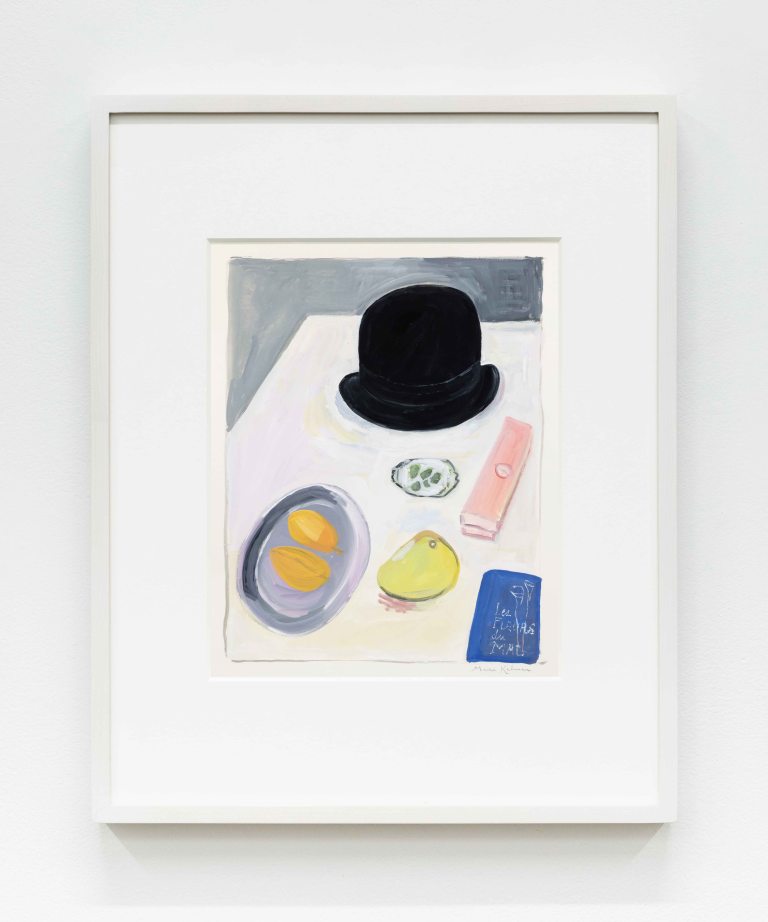Maira Kalman Black Hat with Quince, 2023 Gouache Image Dimensions: 11 x 8 1/2 inches (27.9 x 21.6 cm) Paper Dimensions: 15 x 11 inches (38.1 x 27.9 cm) Framed Dimensions: 20 x 16 inches (50.8 x 40.6 cm)