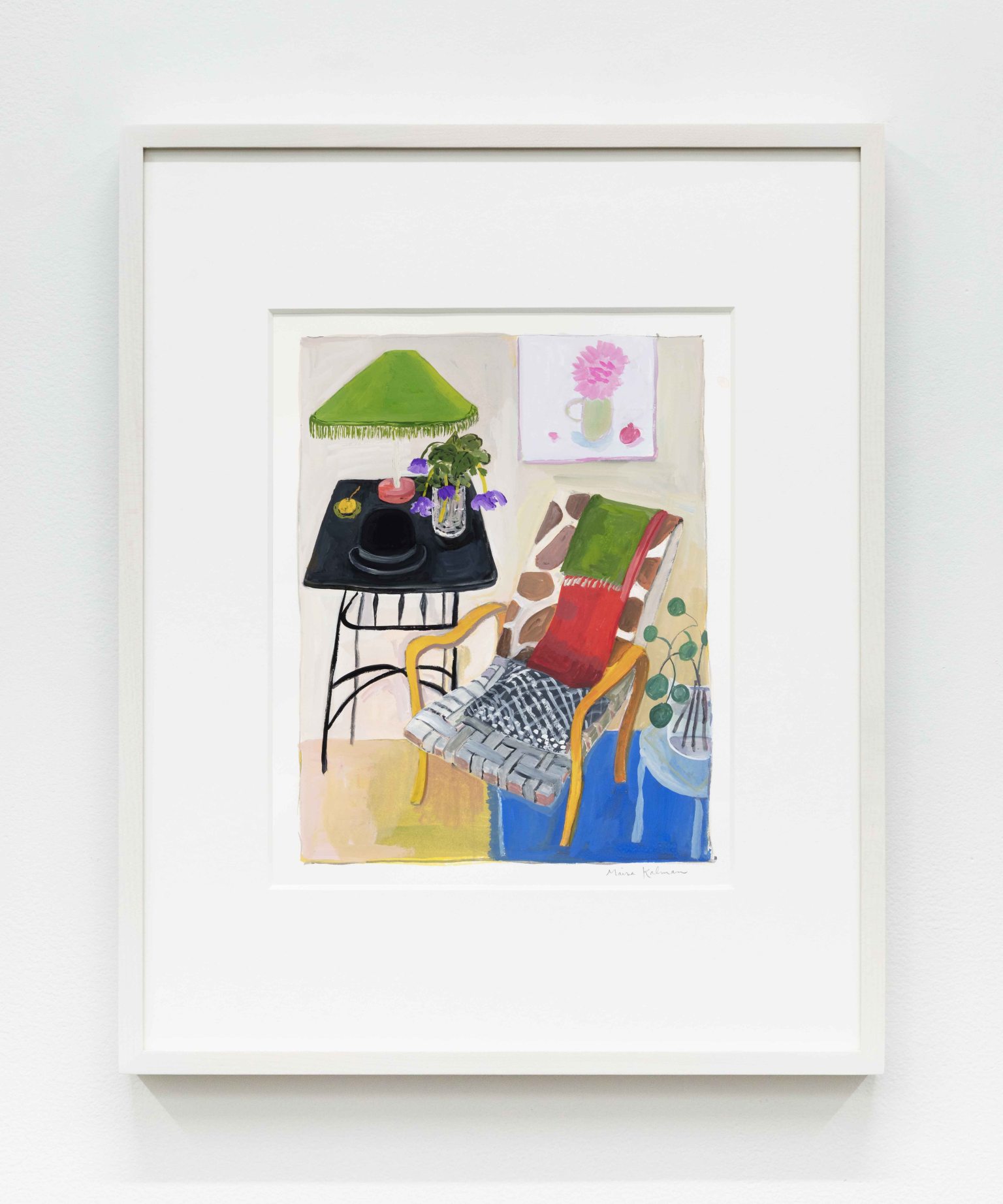 Maira Kalman Black Table with Black Hat, 2023 Gouache Image Dimensions: 11 1/4 x 8 3/4 inches (28.6 x 22.2 cm) Paper Dimensions: 15 1/8 x 11 inches (38.4 x 27.9 cm) Framed Dimensions: 20 x 16 inches (50.8 x 40.6 cm)
