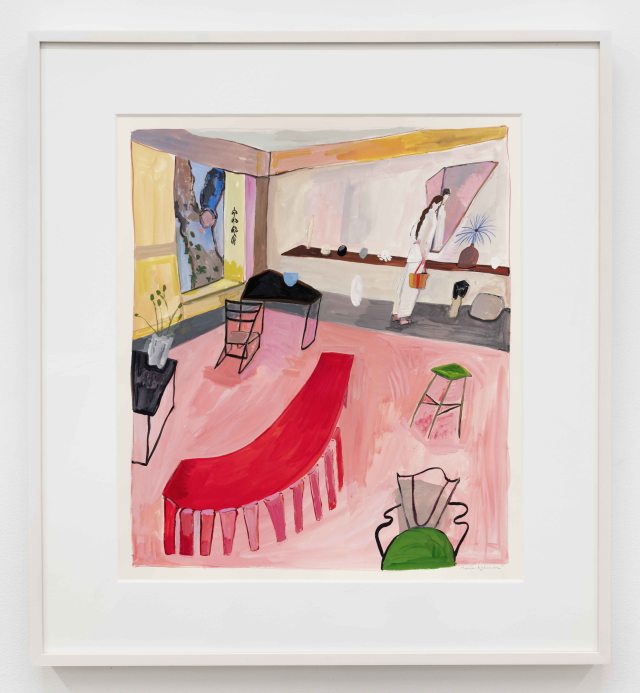 Maira Kalman Room with Maud in White, 2024 Gouache Image Dimensions: 18 3/4 x 16 inches (47.6 x 40.6 cm) Paper Dimensions: 20 1/4 x 18 inches (51.4 x 45.7 cm) Framed Dimensions: 26 13/16 x 24 7/16 inches (68.1 x 62.1 cm)