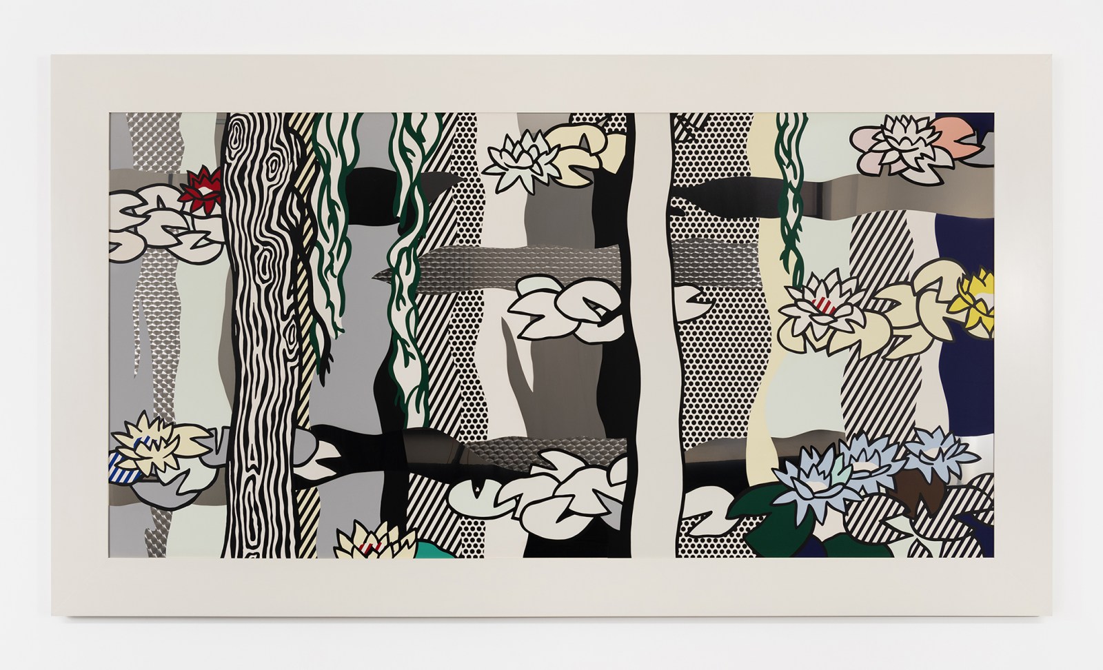 ROY LICHTENSTEIN (b. 1923, New York, NY – d. 1997, New York, NY) Water Lilies with Willows, 1992 Enamel on processed and swirled stainless steel with painted wood frame 58 x 104 3/16 inches (147.3 x 264.6 cm) Edition of 23