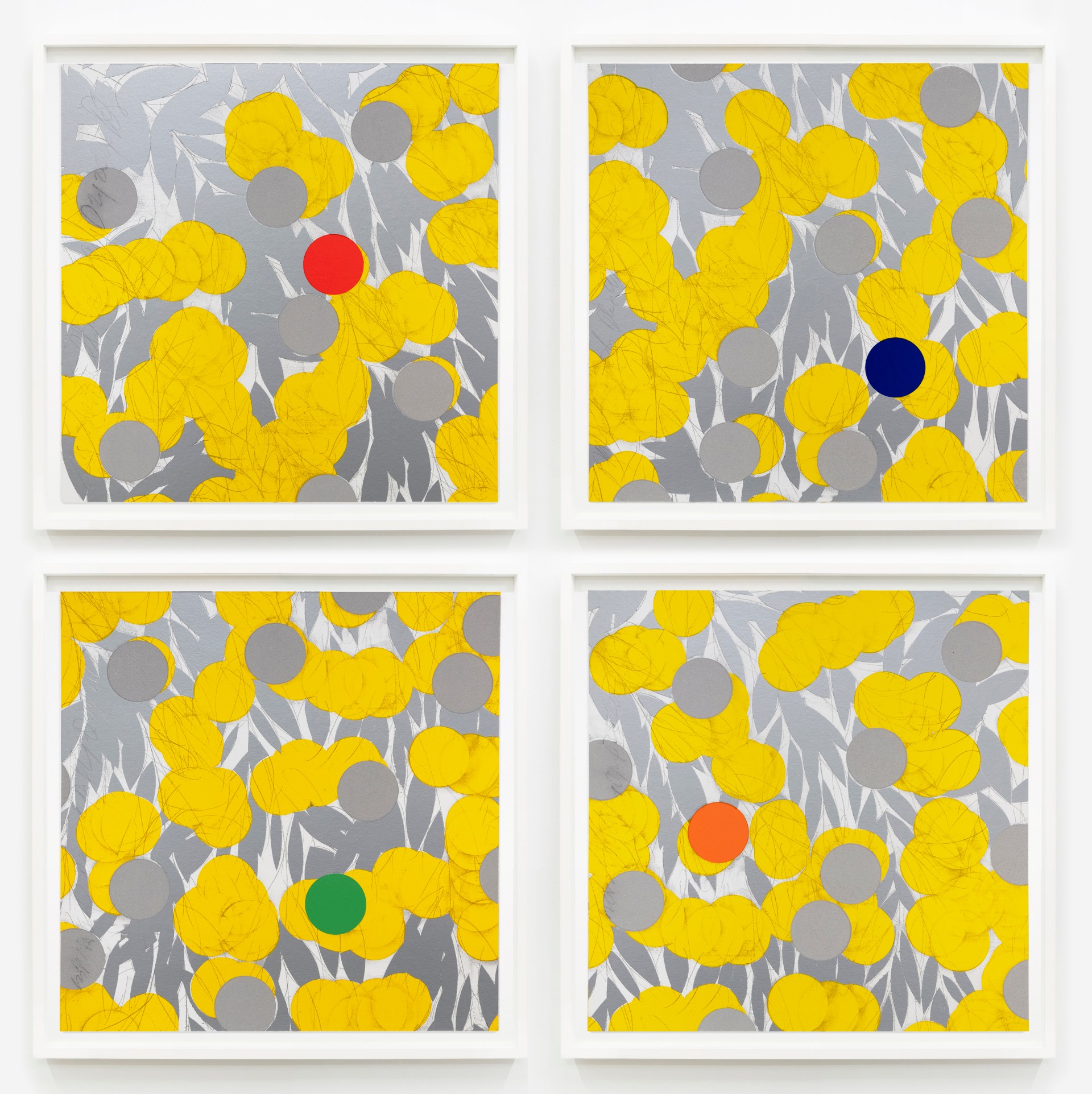 Donald Sultan Mimosas (Details Suite), 2024 Silkscreen in colors with enamel inks, graphite powders, and sand on 4-ply museum board, suite of four 22 x 22 inches (55.9 x 55.9 cm) each Edition of 50