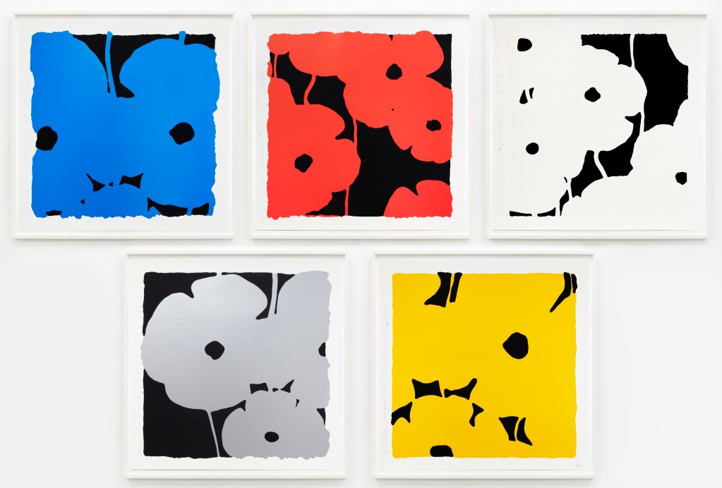 Donald Sultan Poppies (Black Background), 2022 Silkscreen in colors with enamel inks, flocking, and tar-like texture on 2-ply museum board, suite of five 30 x 30 inches (76.2 x 76.2 cm) each Edition of 50