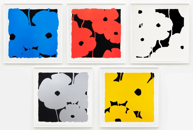 Donald Sultan Poppies (Black Background), 2022 Silkscreen in colors with enamel inks, flocking, and tar-like texture on 2-ply museum board, suite of five 30 x 30 inches (76.2 x 76.2 cm) each Edition of 50