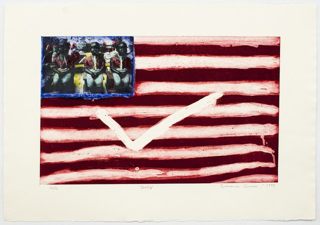 Emma Amos Sold, 1994 Silk collagraph and photo transfer 22 x 30 inches (55.88 x 76.2 cm) Edition of 12