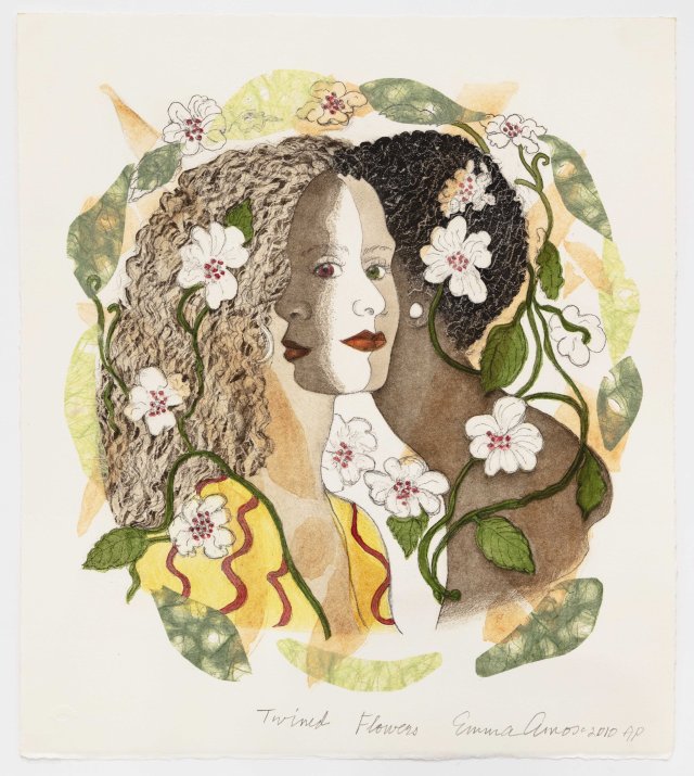 Emma Amos Twined Flowers, 2010 Etching and aquatint with chine collé 15 3/4 x 13 3/4 inches (40 x 34.9 cm) AP, Edition of 50
