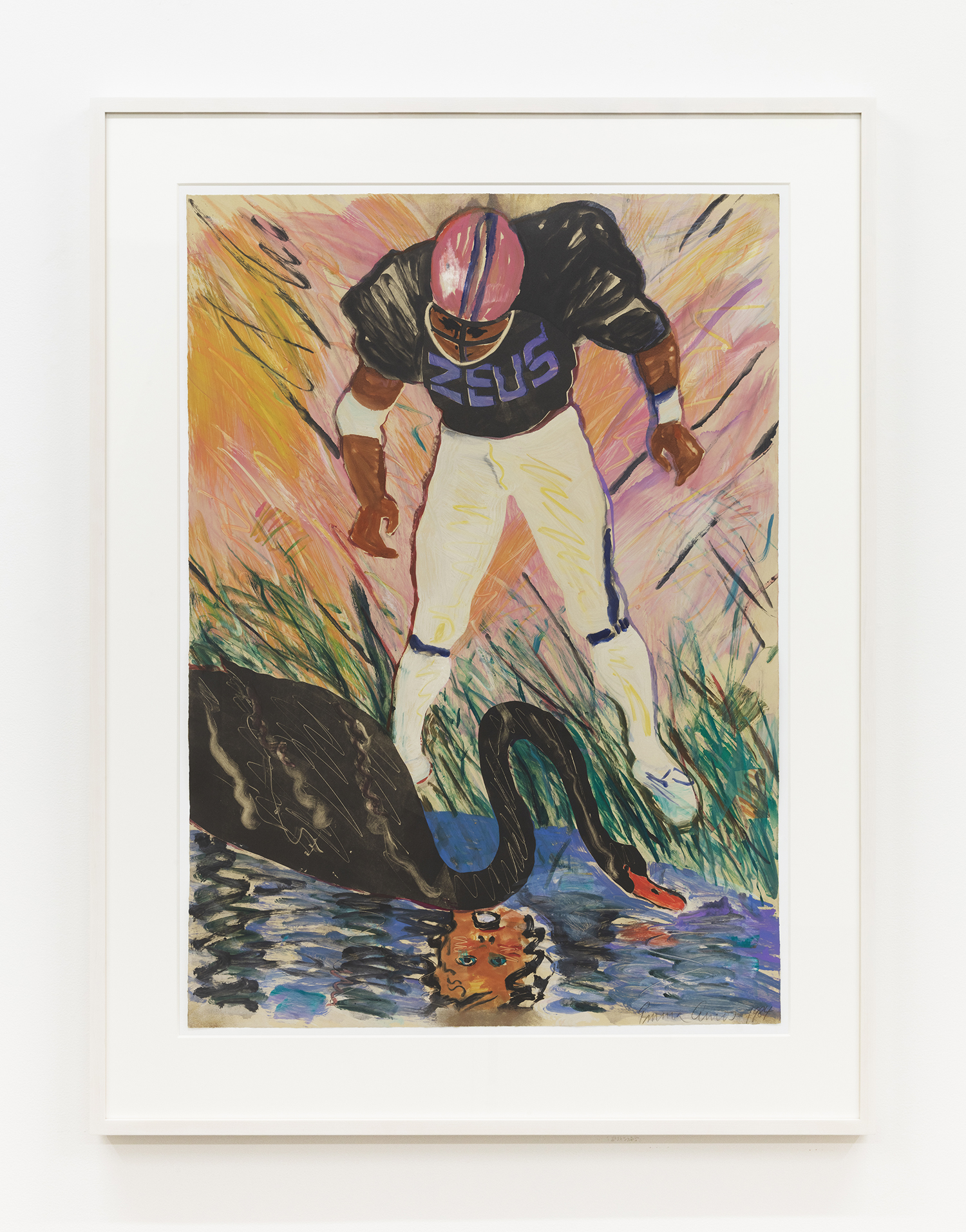 Emma Amos Zeus, 1984 Monoprint with pochoir and hand coloring Image Dimensions: 41 1/2 x 29 3/4 inches (105.4 x 75.6 cm) Framed Dimensions: 51 9/16 x 39 3/16 inches (131 x 99.5 cm)