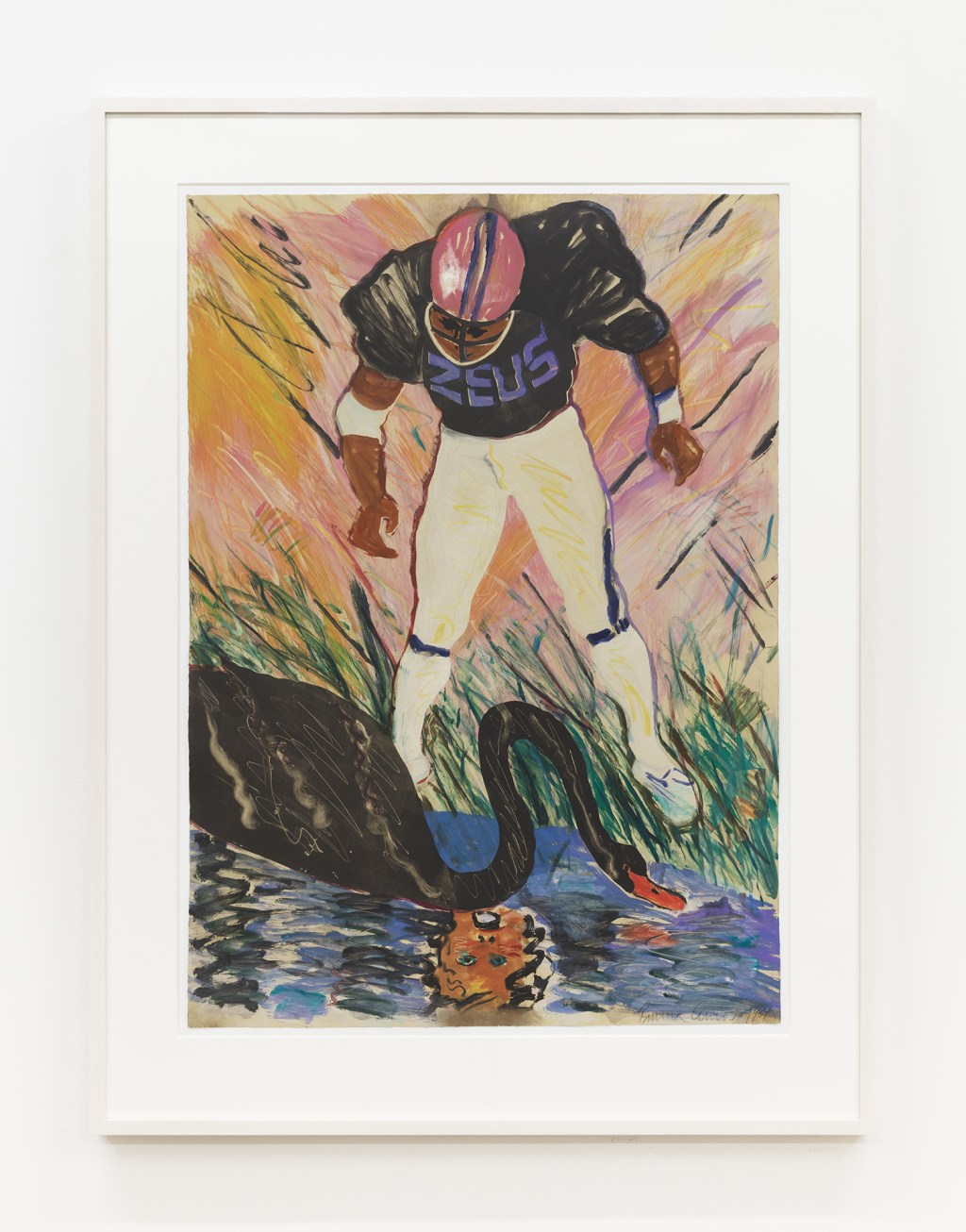 Emma Amos Zeus, 1984 Monoprint with pochoir and hand coloring Image Dimensions: 41 1/2 x 29 3/4 inches (105.4 x 75.6 cm) Framed Dimensions: 51 9/16 x 39 3/16 inches (131 x 99.5 cm)