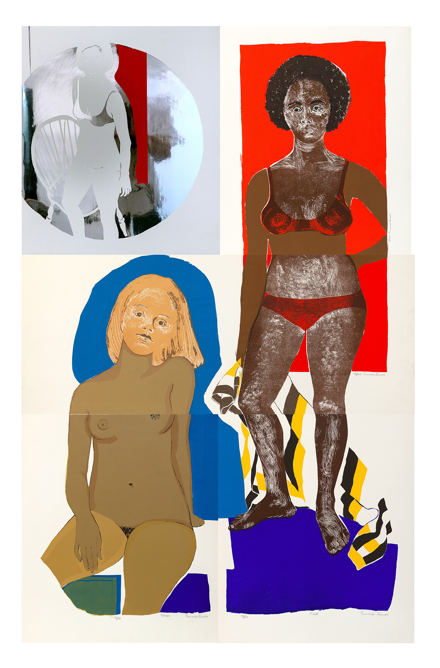 Emma Amos Three Ladies, 1970 Etching, relief and silkscreen on vinyl mylar; Print in 5 parts Composition: 63 x 39 1/2 inches (160 x 100.3 cm) Edition 11 of 20