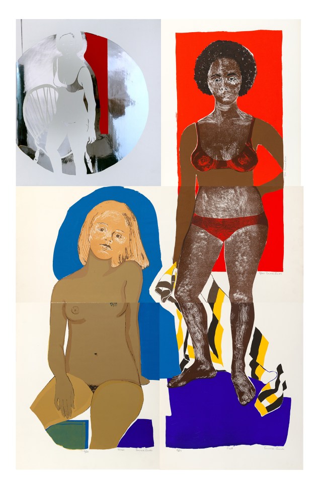 Emma Amos Three Ladies, 1970 Etching, relief and silkscreen on vinyl mylar; Print in 5 parts Composition: 63 x 39 1/2 inches (160 x 100.3 cm) Edition 11 of 20