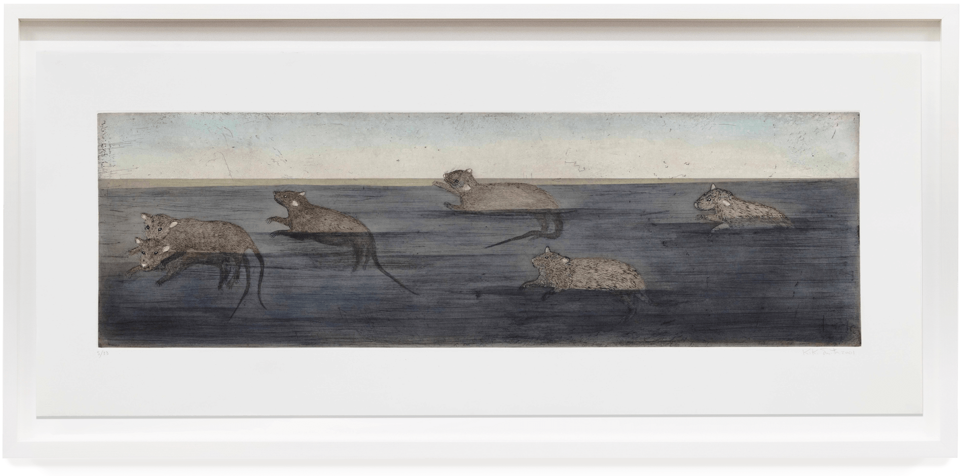 Kiki Smith Carrier, 2001 Etching and aquatint in colors with hand-coloring in watercolor, on Arches En Tout Cas paper Image Dimensions: 14 3/4 x 47 1/2 inches (37.5 x 120.7 cm) Paper Dimensions: 22 3/4 x 55 1/8 inches (57.8 x 140 cm) Edition 5 of 33