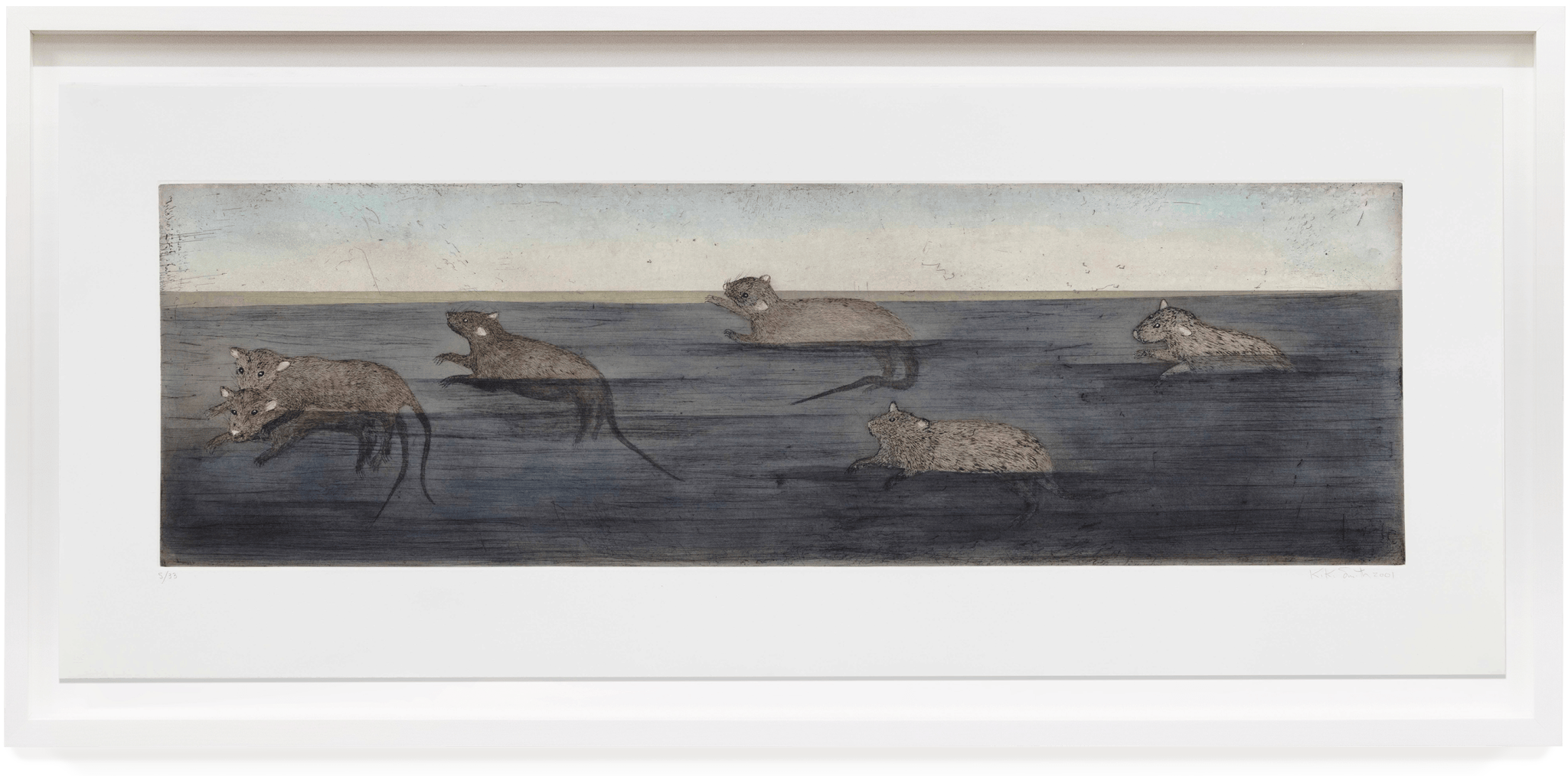 Kiki Smith Carrier, 2001 Etching and aquatint in colors with hand-coloring in watercolor, on Arches En Tout Cas paper Image Dimensions: 14 3/4 x 47 1/2 inches (37.5 x 120.7 cm) Paper Dimensions: 22 3/4 x 55 1/8 inches (57.8 x 140 cm) Edition 5 of 33