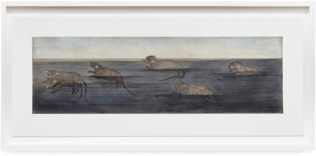 Kiki Smith Carrier, 2001 Etching and aquatint in colors with hand-coloring in watercolor, on Arches En Tout Cas paper Image Dimensions: 14 3/4 x 47 1/2 inches (37.5 x 120.7 cm) Paper Dimensions: 22 3/4 x 55 1/8 inches (57.8 x 140 cm) Edition 5 of 33