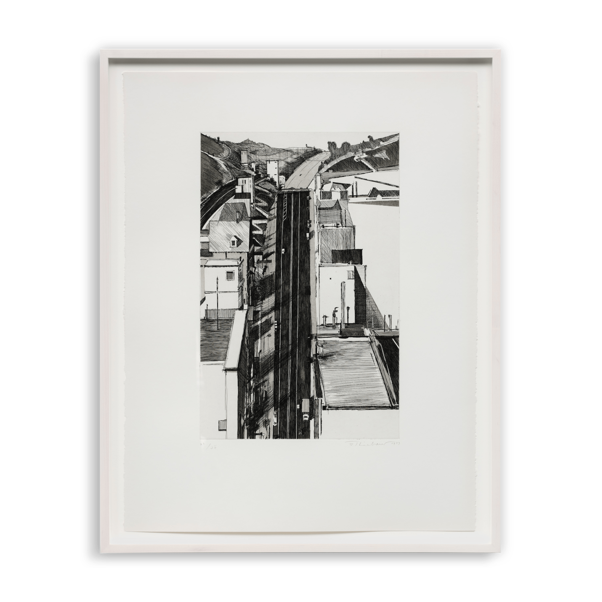Wayne Thiebaud Downgrade, 1979 Etching and aquatint Image Dimensions: 29 3/4 x 22 3/4 inches (75.6 x 57.8 cm) Framed Dimensions: 32 3/8 x 25 5/8 inches (82.2 x 65.1 cm) Edition of 50