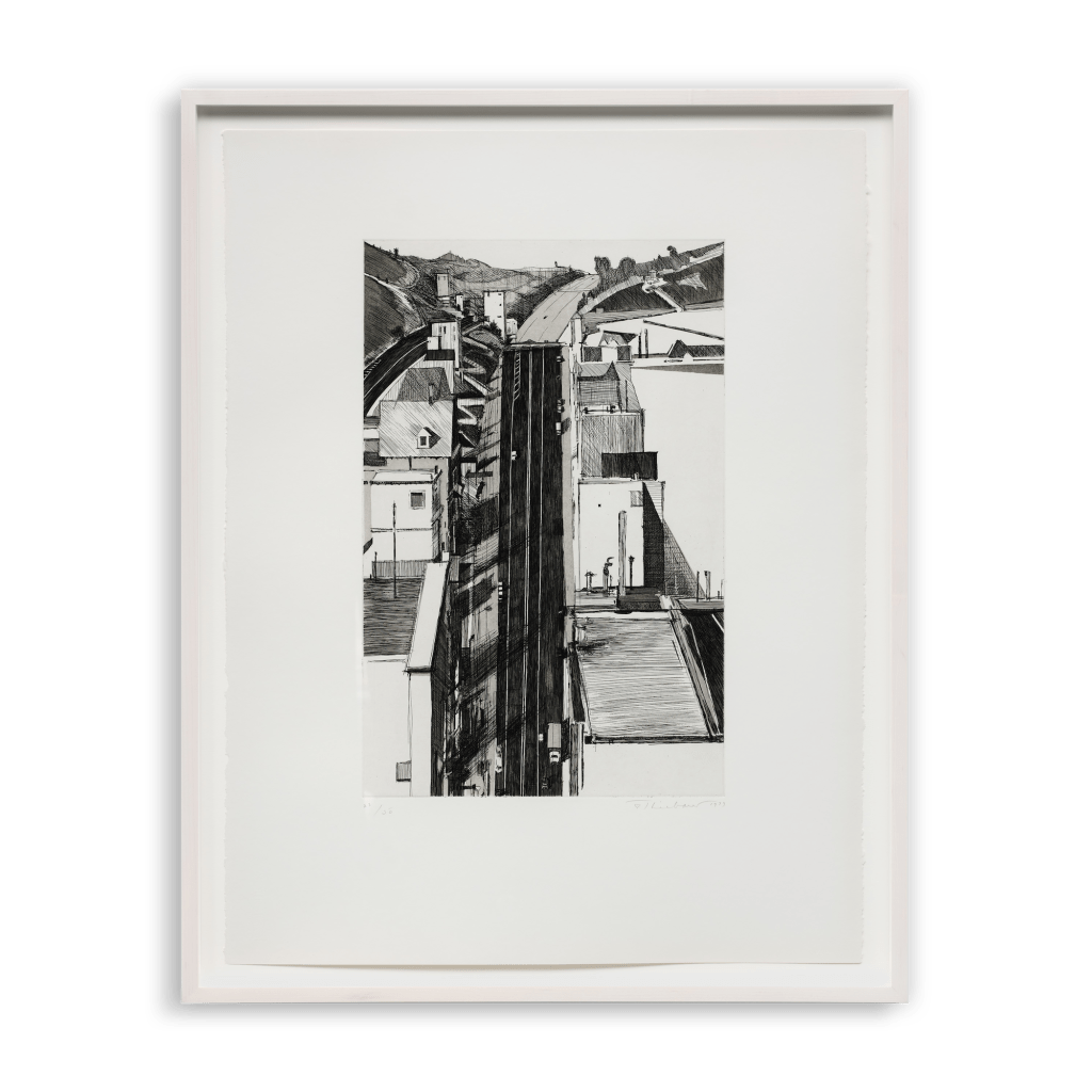 Wayne Thiebaud Downgrade, 1979 Etching and aquatint Image Dimensions: 29 3/4 x 22 3/4 inches (75.6 x 57.8 cm) Framed Dimensions: 32 3/8 x 25 5/8 inches (82.2 x 65.1 cm) Edition of 50
