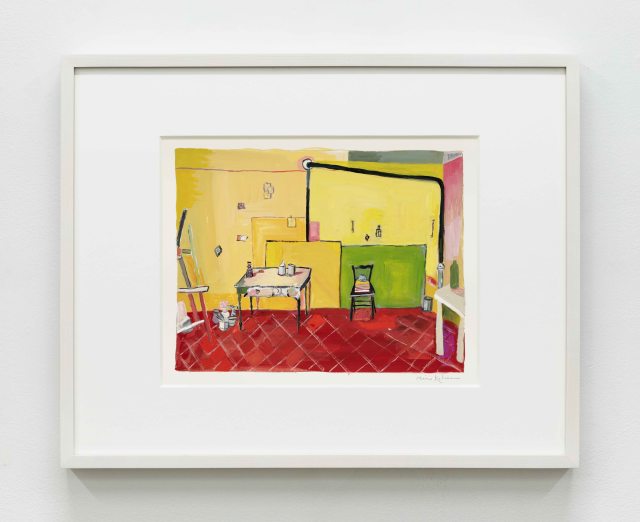Morandi's Studio, 2023 Gouache Image Dimensions: 8 1/2 x 11 1/4 inches (21.6 x 28.6 cm) Paper Dimensions: 11 x 15 1/4 inches (27.9 x 38.7 cm) Framed Dimensions: 16 x 20 inches (40.6 x 50.8 cm)
