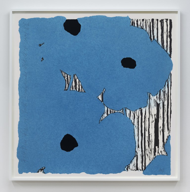 Donald Sultan Five Blue Flowers with Flocked Center, March 10, 2002, 2002 4 color woodcut, sprayed paper pulp, flocking on shaped handmade paper 52 x 51 inches (132.1 x 129.5 cm) Paper Size: 52 x 51" Paper Dimensions: 56 5/16 x 54 3/16 inches (143 x 137.6 cm) TP2, Edition of 12